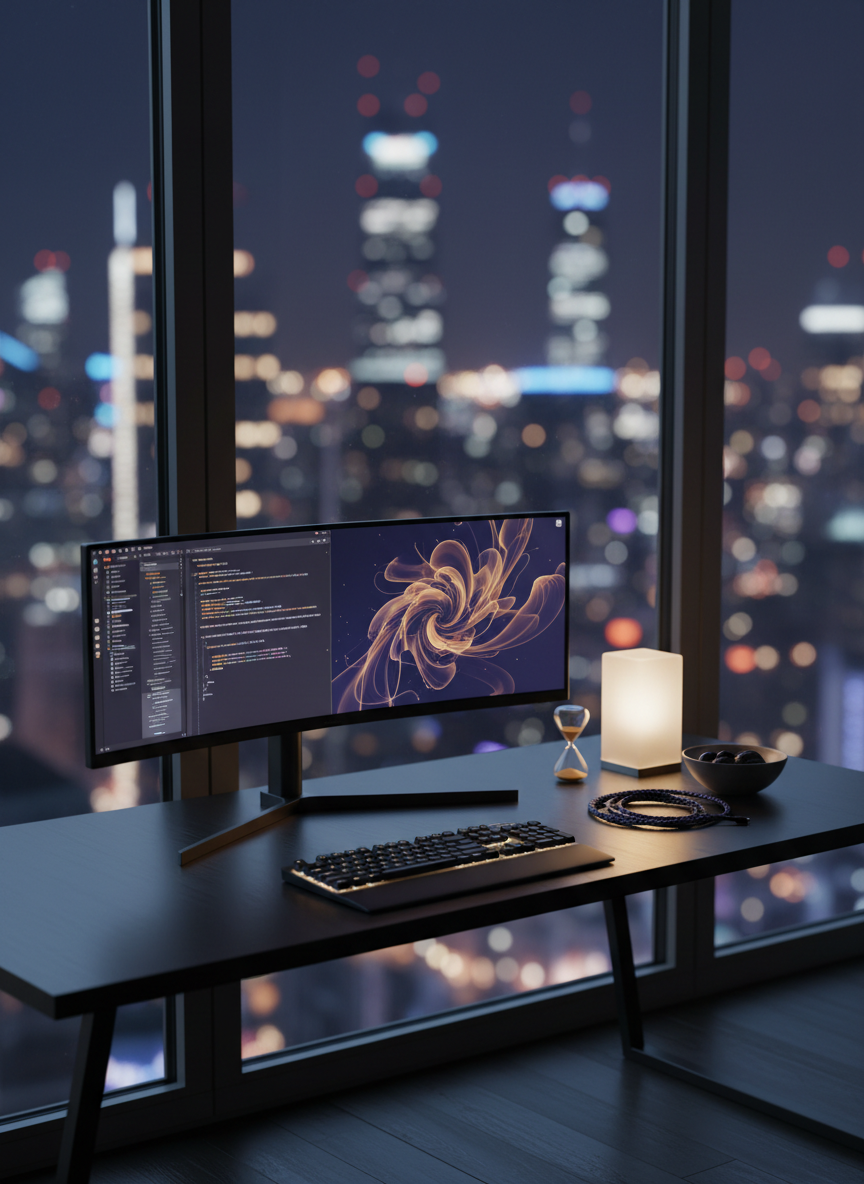 A serene “reflection lab” for art, code, and humanism: a wide, low black desk pushed against a large window at night, overlooking a softly glowing futuristic cityscape out of focus. On the desk sits a single ultrawide monitor displaying a minimalist code editor on one side and a generative abstract artwork on the other, both in deep indigo and soft gold. Beside it, a small sand timer, a ceramic bowl with neatly coiled cables, and a slim, matte-black mechanical keyboard with warm white backlighting. The only illumination comes from the monitor and a small, frosted-glass desk lamp, casting gentle pools of light and delicate reflections on the desk surface. Photographic realism, slightly off-center composition, moderate depth of field. The mood is contemplative, sophisticated, and quietly aspirational, evoking late-night sessions of deep elaboration and self-guided exploration.