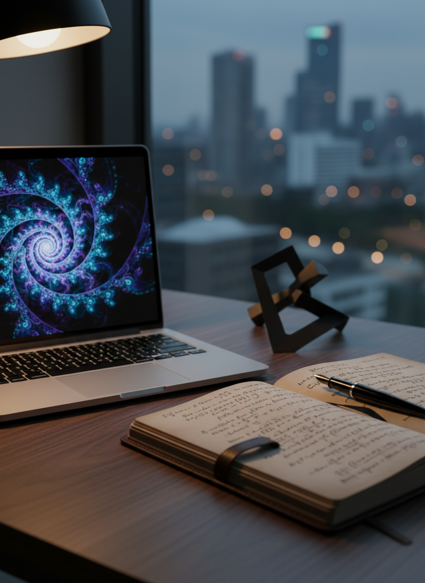 A meticulously arranged desk scene symbolizing the fusion of technology and philosophy: a sleek, brushed-aluminum laptop partially open, its screen reflecting a faint, abstract fractal pattern in deep blues and violets. Around it lie a worn leather-bound notebook with handwritten equations, a fountain pen, and a small, geometric sculpture made of matte black metal. The desk is dark walnut with a subtle grain, set near a large window overlooking a softly blurred modern cityscape at dusk. Warm, indirect lamplight mixes with cool twilight, creating gentle highlights on metal edges and soft shadows under objects. Photographic realism, eye-level perspective with shallow depth of field, conveying a calm, contemplative, sophisticated mood that invites reflection on the relationship between code, art, and meaning.