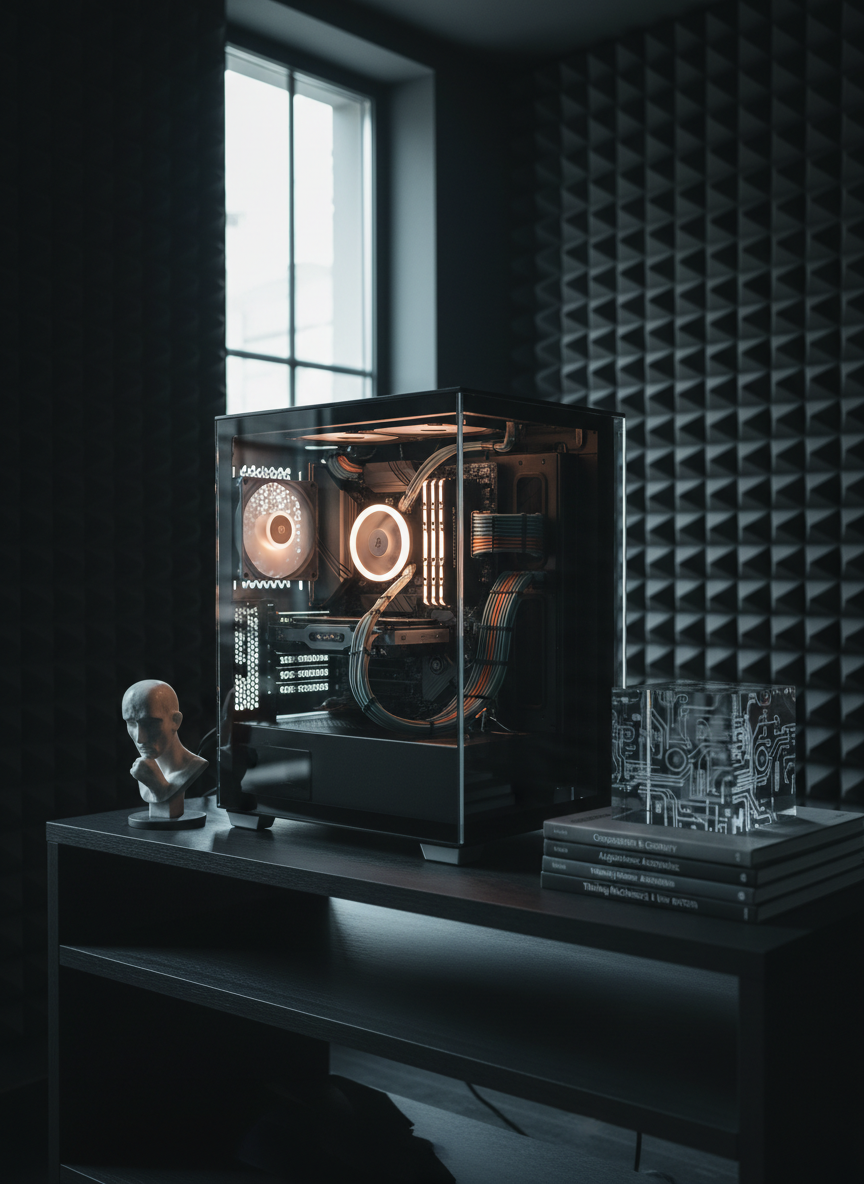 An abstract “thinking machine” altar: a custom-built open computer tower with clear tempered glass panels revealing neatly routed cables in muted teal and copper tones, matte-black components, and a softly glowing CPU cooler. Surrounding it on a low black shelf are carefully placed objects—a small marble bust of an undefined thinker, a stack of thin art books about computation, and a cube of etched glass with etched circuit patterns. The environment is a dim, quiet studio lined with dark acoustic panels, lit by a single side window admitting cool, diffused daylight that grazes across the surfaces, plus subtle internal RGB lighting set to warm white. Photographic realism, three-quarter angle, moderate depth of field. The mood is reverent, sophisticated, and analytical, emphasizing technology as both tool and contemplative artifact.