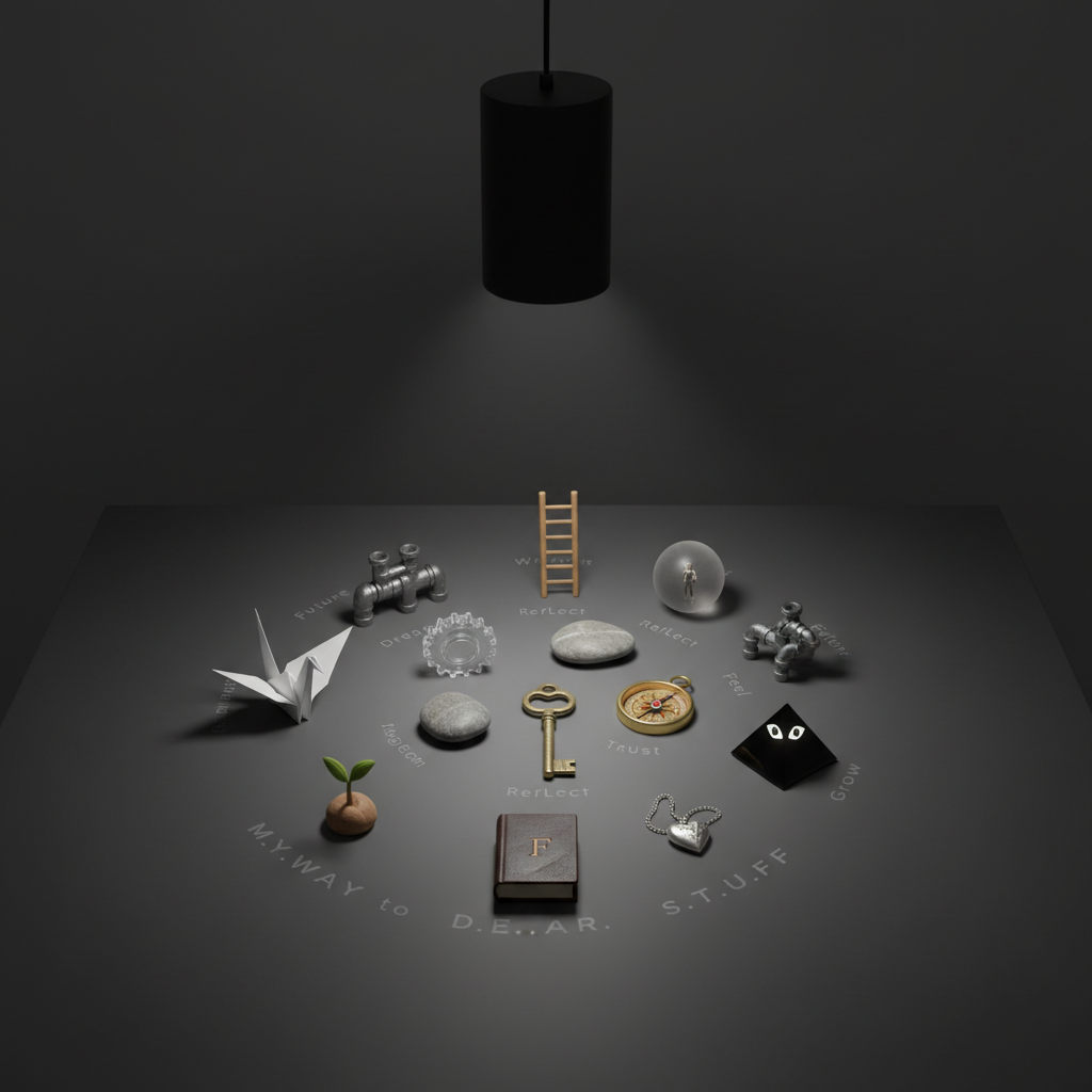 A symbolic still life representing the acronym M.Y. W.A.Y to D.E.A.R. S.T.U.F.F: twelve small, distinct objects arranged in a precise spiral on a matte charcoal tabletop. Each object embodies a concept—an old brass key for “meaningful yearning,” a folded origami crane for “dream,” a tiny transparent gear for “engage,” a polished river stone for “reflect,” and others crafted from glass, wood, and metal. Above, a single overhead pendant casts soft, focused light, creating crisp yet gentle shadows that accentuate shapes without harshness. The background falls into a smooth, dark blur. Shot from a slightly elevated angle in photographic realism with a minimalist, museum-like aesthetic, the atmosphere feels introspective and poetic, as if decoding a personal philosophical framework through tangible artifacts.